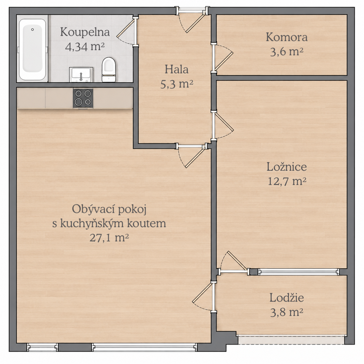 Půdorys, Prodej bytu 2+kk 53,1 m², Praha–Prosek, lodžie a garážové stání